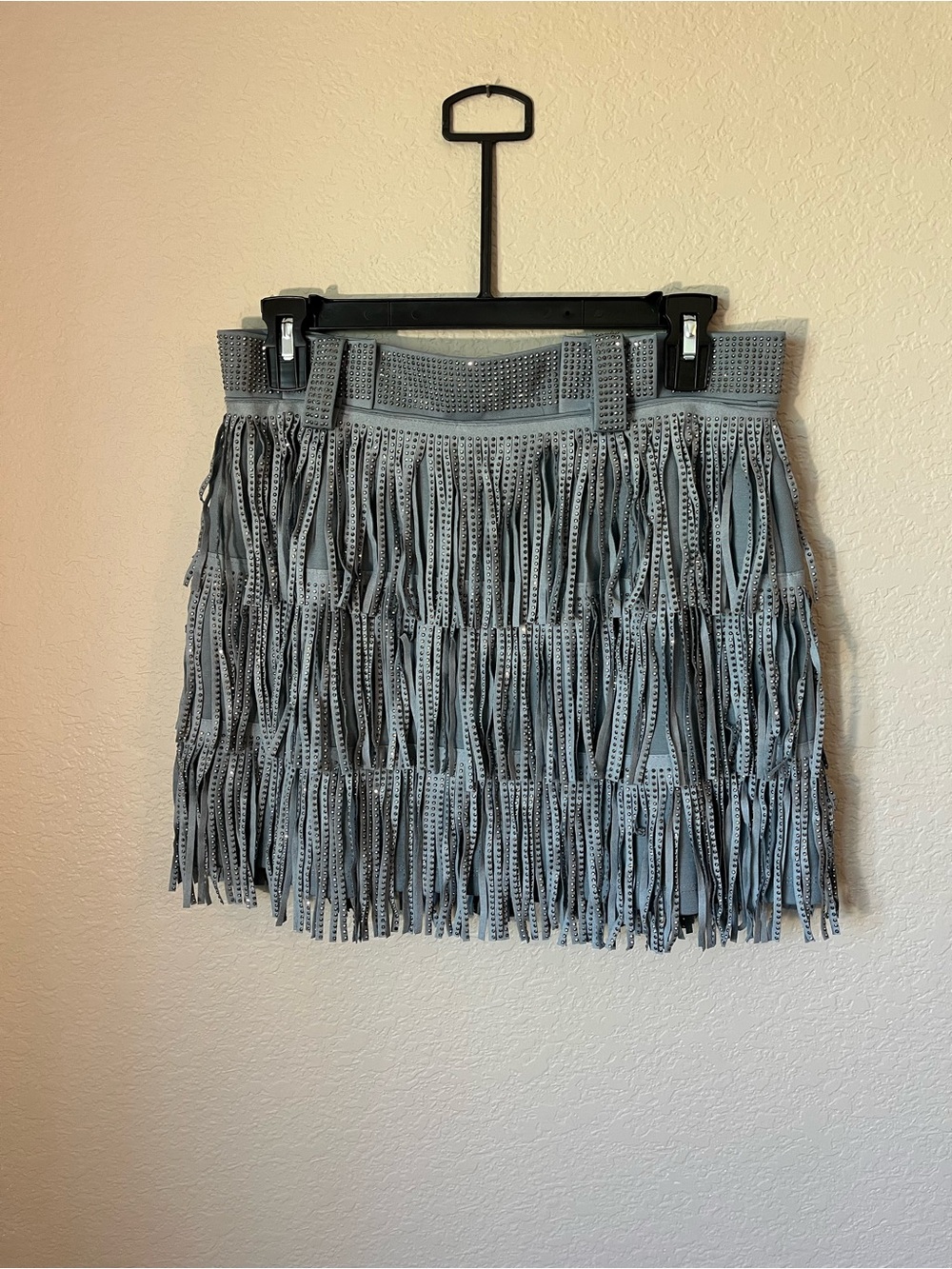 NWT Nylon Apparel Rhinestone Fringe Mini Skirt M Western Cowgirl BlueGray Rodeo